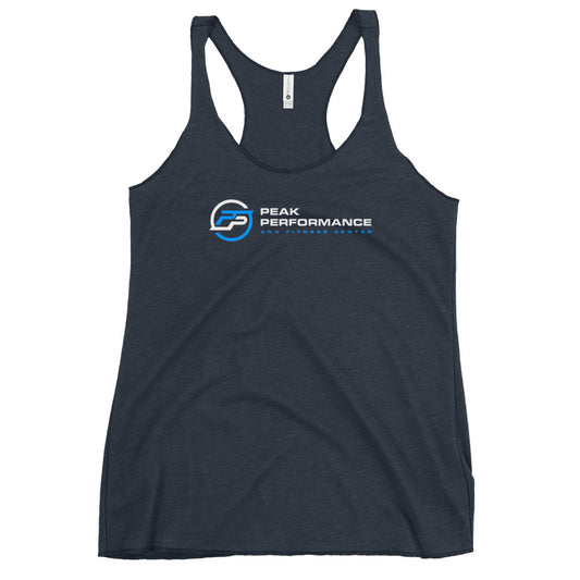 Women's Racerback Tank blue and white logo